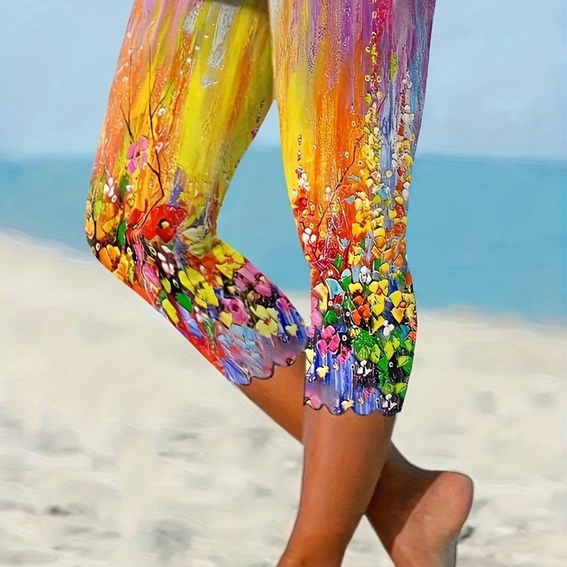 Floral Print Skinny Capris Leggings, Casual Scallop Hem Crop Leggings For Spring & Summer, Women's Clothing