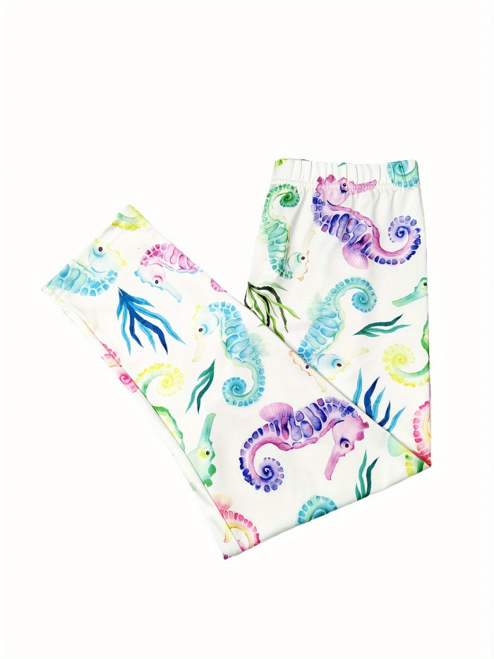 Seahorse Print Skinny Capris Leggings, Casual Crop Leggings For Spring & Summer, Women's Clothing