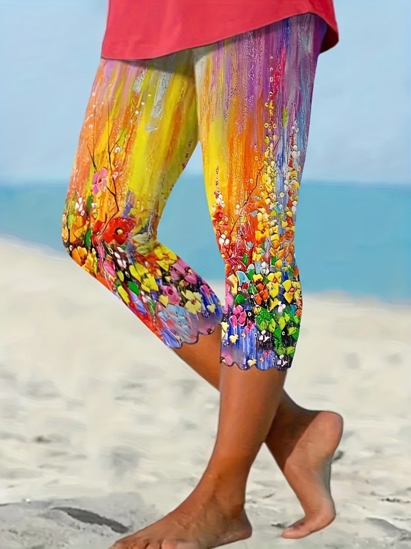 Floral Print Skinny Capris Leggings, Casual Scallop Hem Crop Leggings For Spring & Summer, Women's Clothing