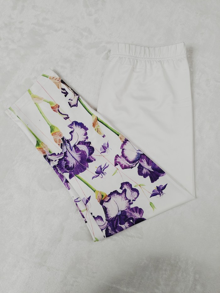 Floral Print Skinny Capris Leggings, Casual Crop Leggings For Spring & Summer, Women's Clothing