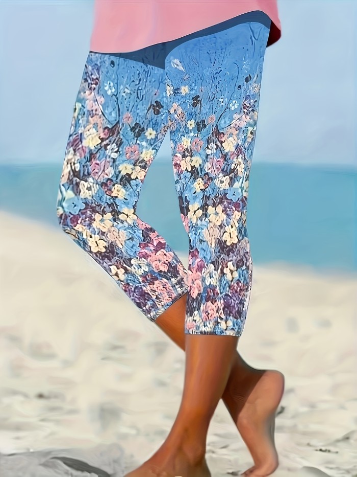 Floral Print Skinny Capris Leggings, Casual Stretchy Cropped Leggings, Women's Clothing