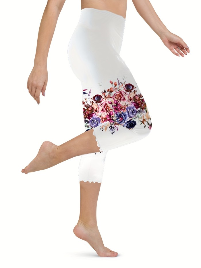 Floral Print Capri Leggings, Casual Scallop Trim Skinny Leggings For Spring & Fall, Women's Clothing