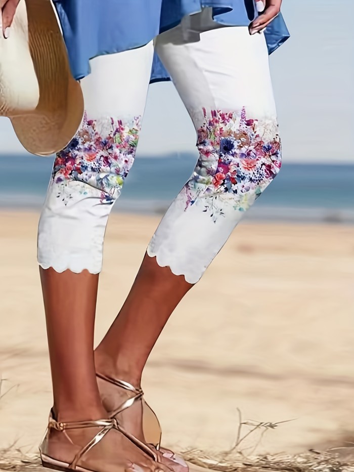 Floral Print Capri Leggings, Casual Scallop Trim Skinny Leggings For Spring & Fall, Women's Clothing
