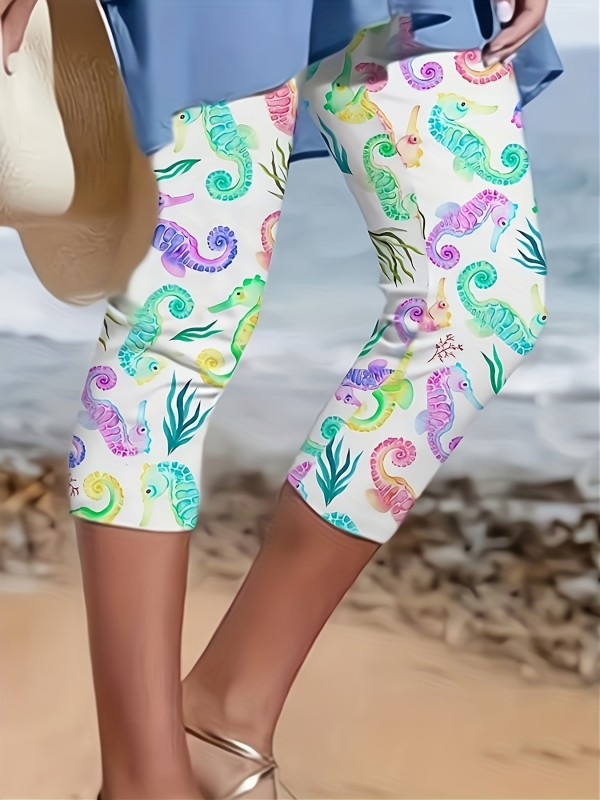 Seahorse Print Skinny Capris Leggings, Casual Crop Leggings For Spring & Summer, Women's Clothing