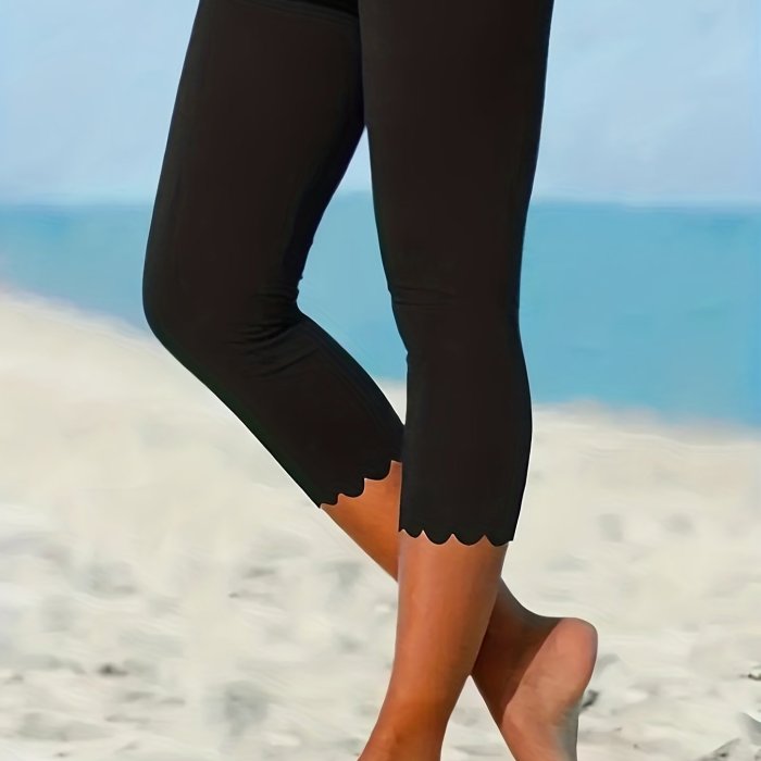 Scallop Trim Skinny Capris Leggings, Casual Crop Leggings For Spring & Summer, Women's Clothing