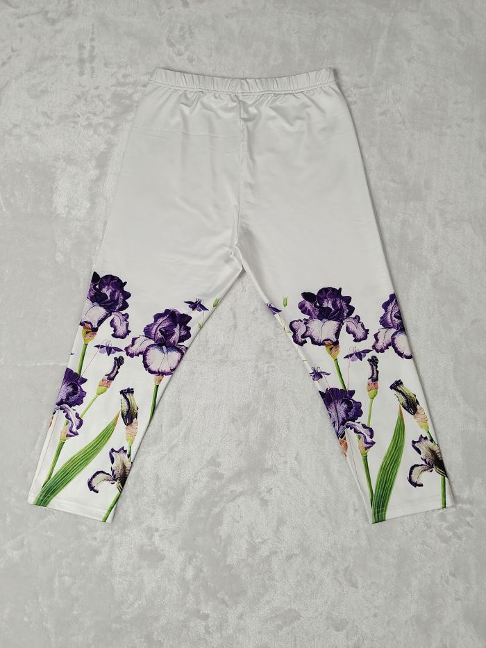 Floral Print Skinny Capris Leggings, Casual Crop Leggings For Spring & Summer, Women's Clothing