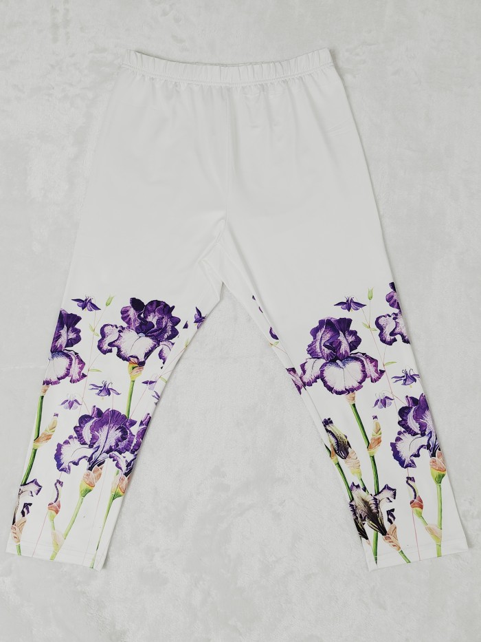 Floral Print Skinny Capris Leggings, Casual Crop Leggings For Spring & Summer, Women's Clothing