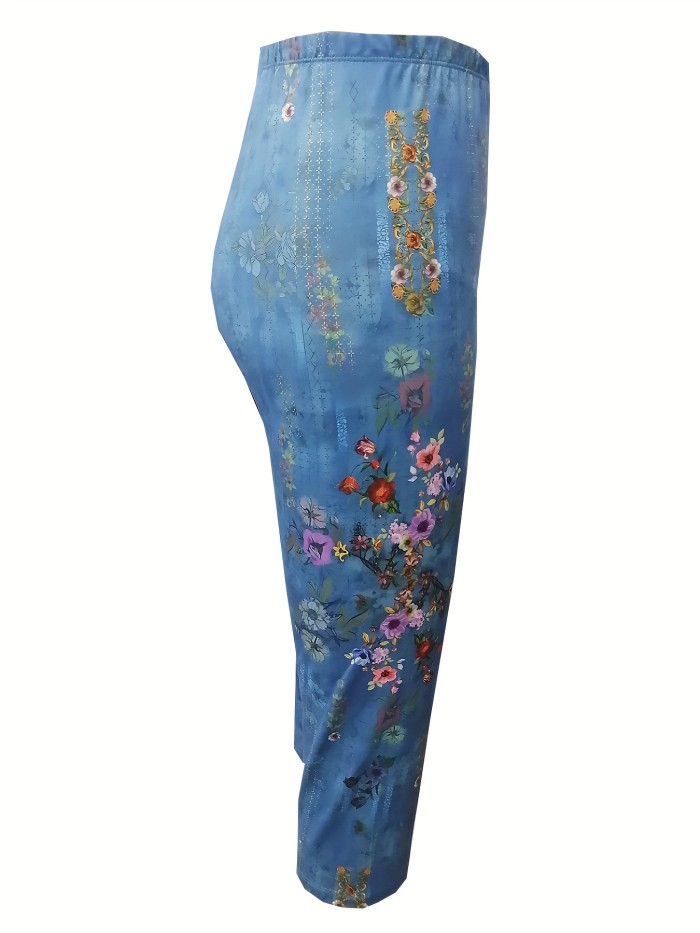 Floral Print Skinny Capris Leggings, Casual Elastic Waist Cropped Leggings, Women's Clothing