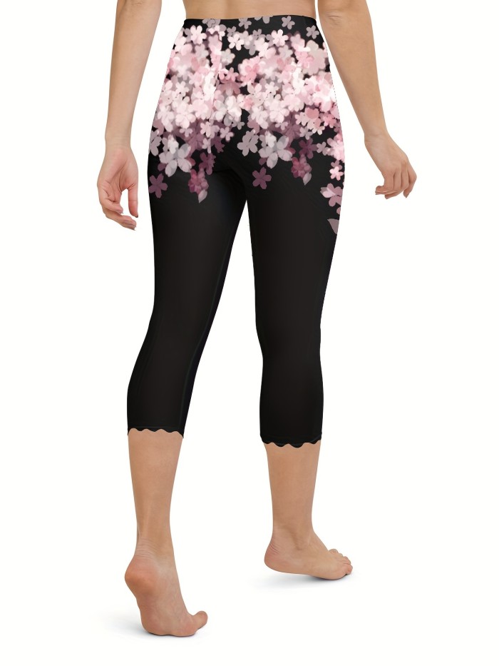 Floral Print Skinny Capris Leggings, Casual Scallop Hem Crop Leggings For Spring & Fall, Women's Clothing