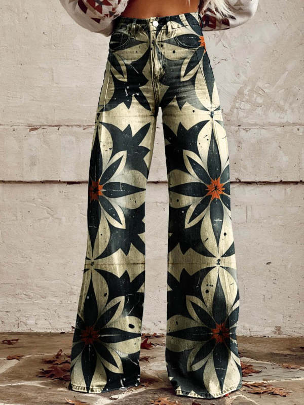 Women's Plain Colour Flower Print Casual Wide Leg Pants Jeans
