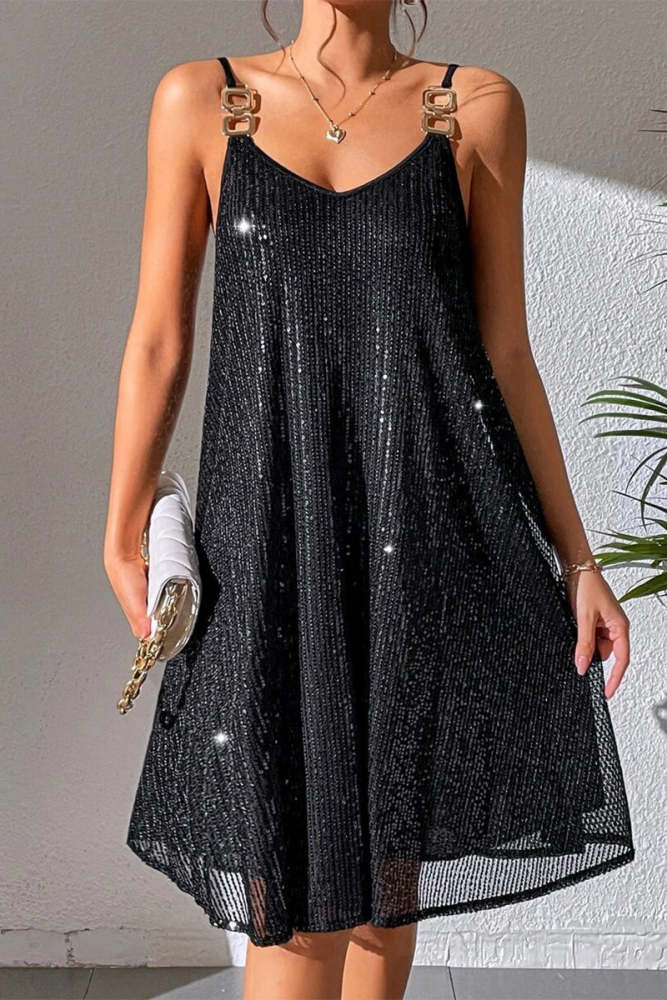 Sexy Solid Sequins Mesh V Neck Sling Dresses