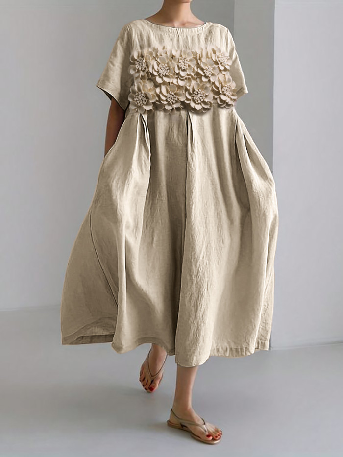 Classy 3D Flowers PLeated Linen Blend Maxi Dress