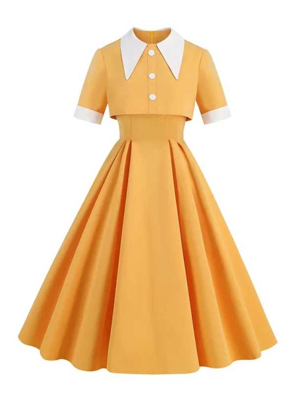 Elegant Yellow Solid Formal Two Piece Sets Turn-Down Collar High Waist Vintage Pleated Dress