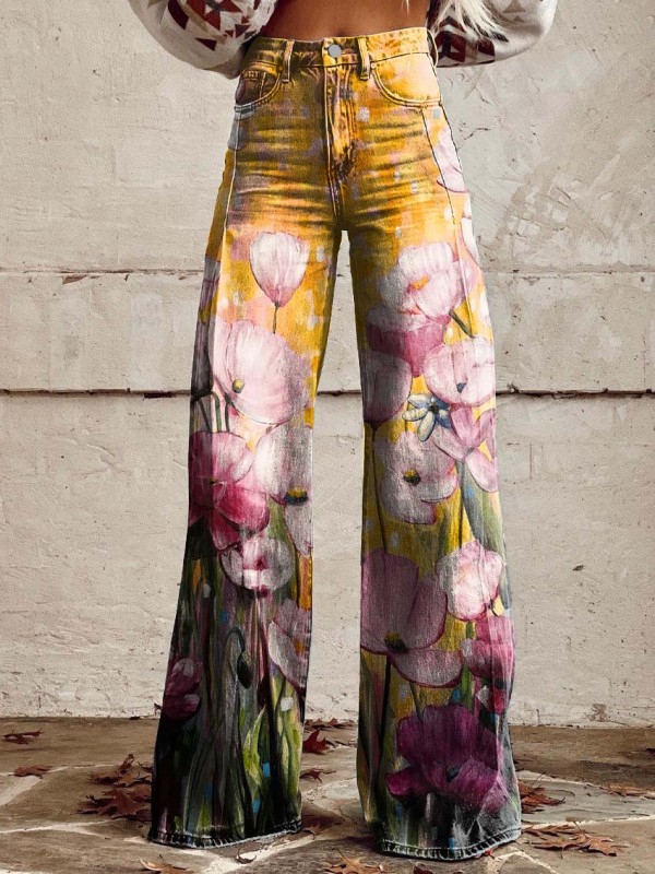 Women's Poppy Print Casual Wide Leg Pants Jeans
