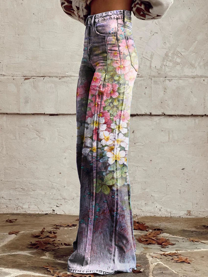 Women's Floral Hummingbird Print Casual Wide Leg Pants