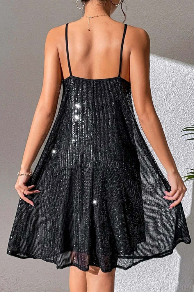 Sexy Solid Sequins Mesh V Neck Sling Dresses