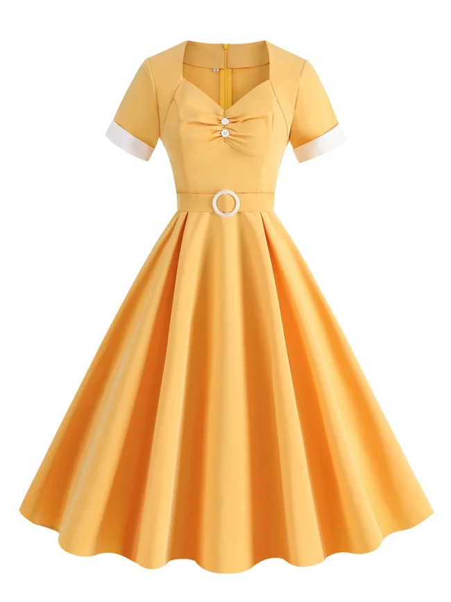 Sweetheart Neck Ruched Button Front High Waist Party Elegant  Vintage Swing Dress