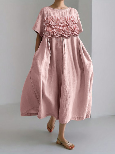 Classy 3D Flowers PLeated Linen Blend Maxi Dress