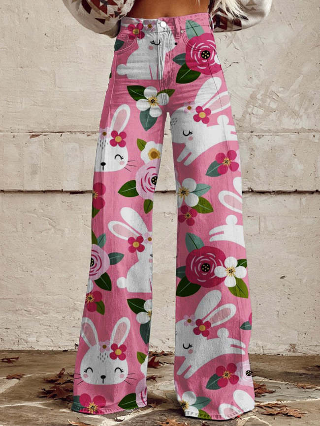 Women's  Rabbit  Flower Art Print Casual Wide Leg Pants Jeans