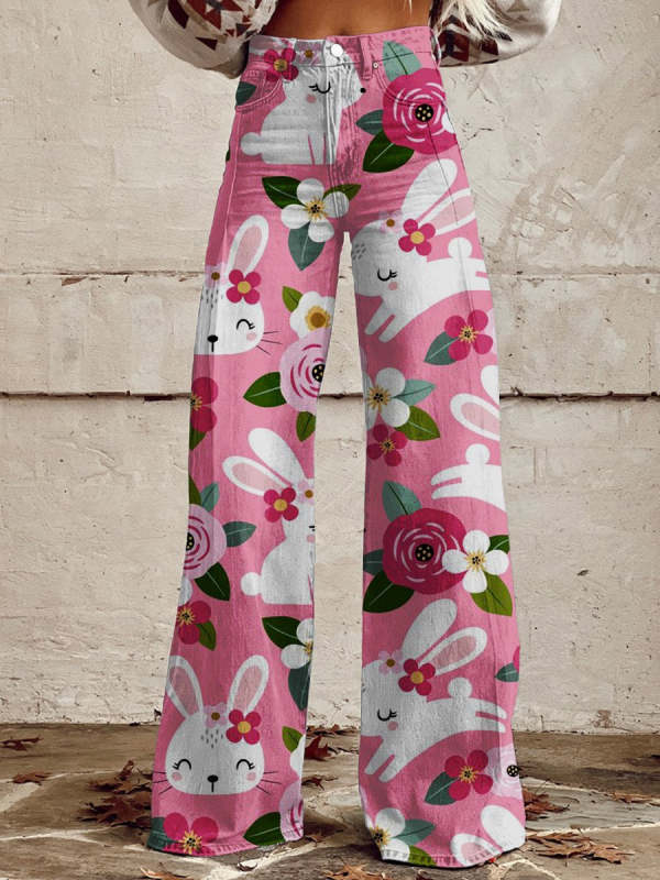 Women's  Rabbit  Flower Art Print Casual Wide Leg Pants