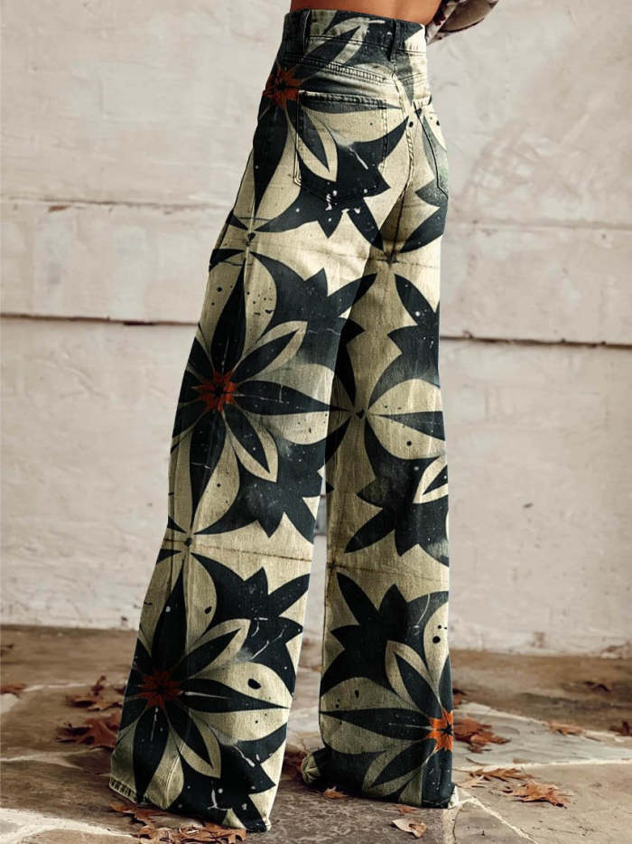 Women's Plain Colour Flower Print Casual Wide Leg Pants Jeans