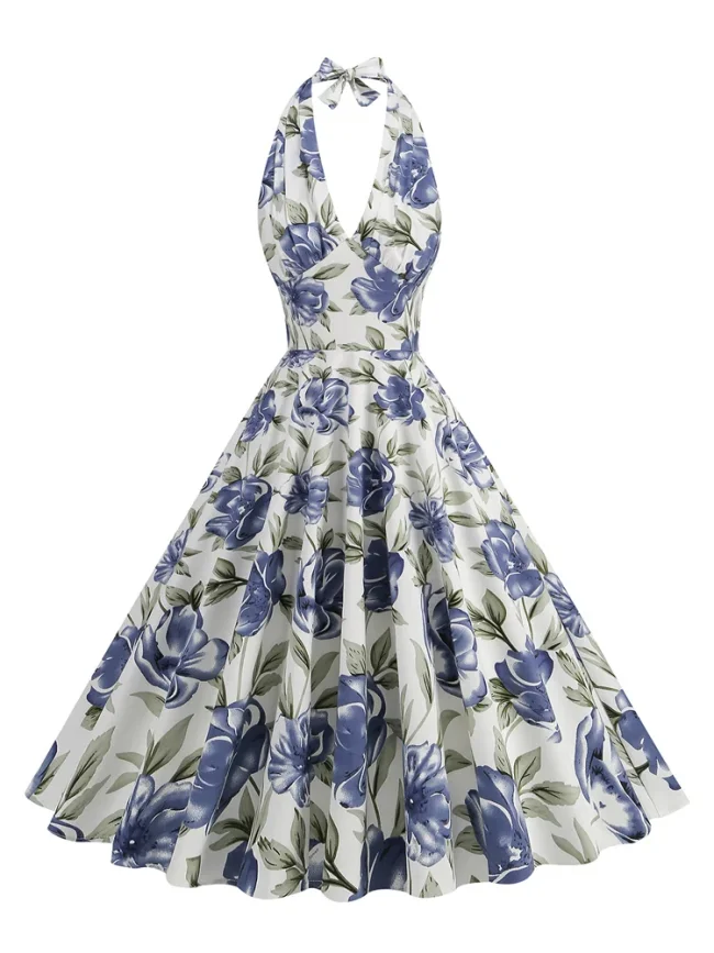 Floral Print 50s Party Retro Women High Waist Halter Neck Evening Cotton Dress
