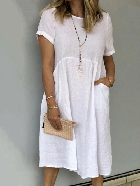 Loose round Neck Short Sleeve Cotton and Linen Dress