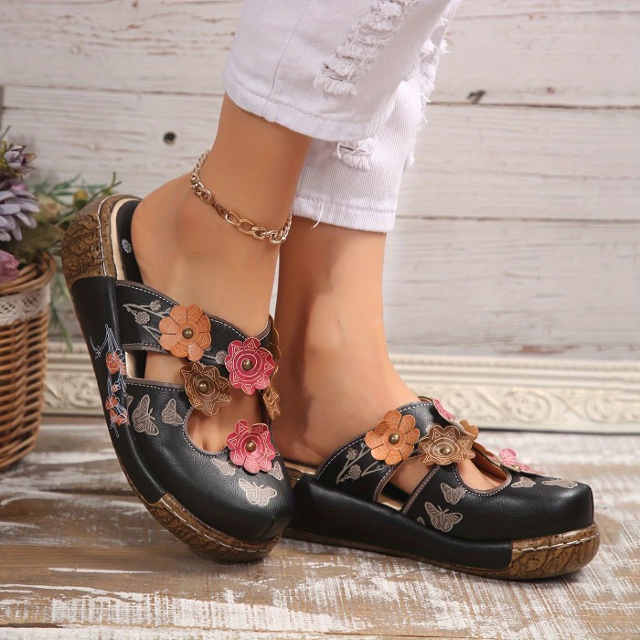 Women's Wedge Mule Shoes, Flower Decor Cut-out Floral Print Slide Sandals, Tribal Style Slip On Shoes Koningsdag\u002FKing's Day