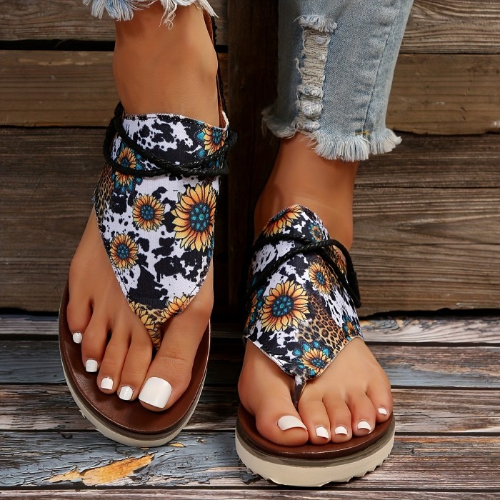 Women's Sunflower Printed Flat Sandals, Open Toe Back Zipper Thong Canvas Shoes, Casual Anti-skid Sandals