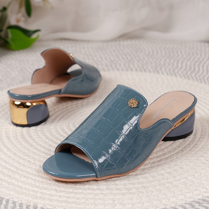 Women's Crocodile Pattern Chunky Heel Sandals, Fashion Open Toe Dress Pumps, Stylish Slip On Heels