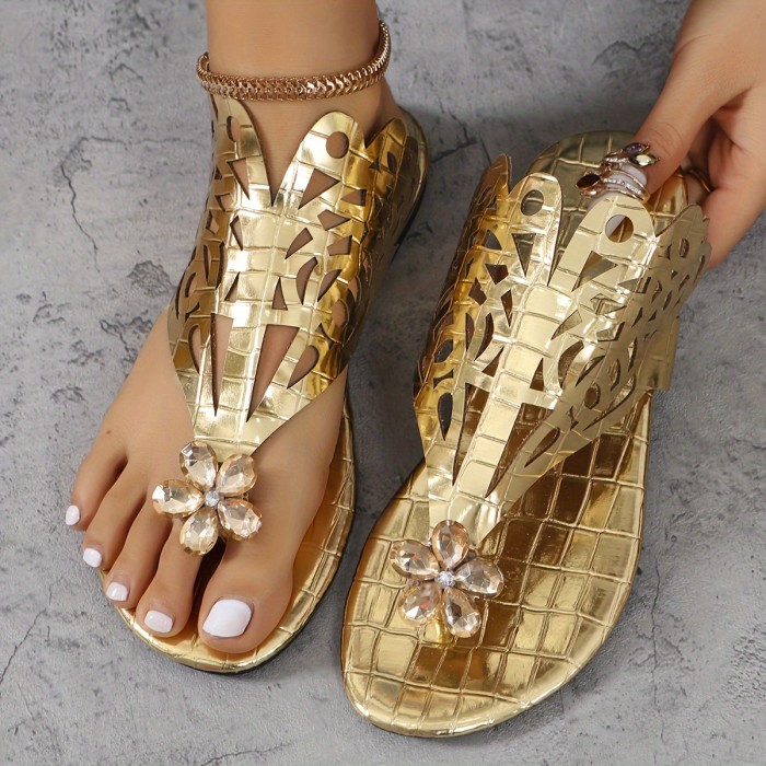 Women's Bohemian Rhinestone Decor Slides Sandals, Fashion Metallic Clip Toe Summer Shoes, Lightweight Beach Shoes