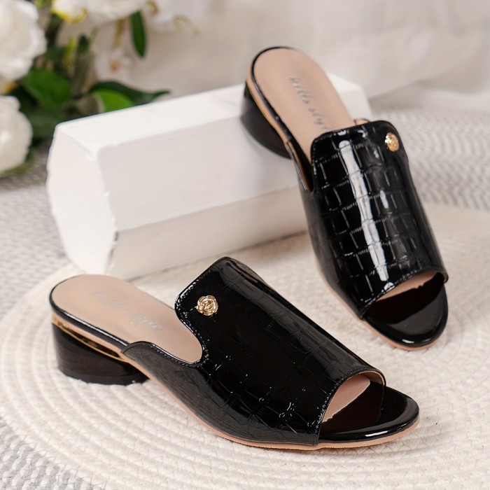 Women's Crocodile Pattern Chunky Heel Sandals, Fashion Open Toe Dress Pumps, Stylish Slip On Heels