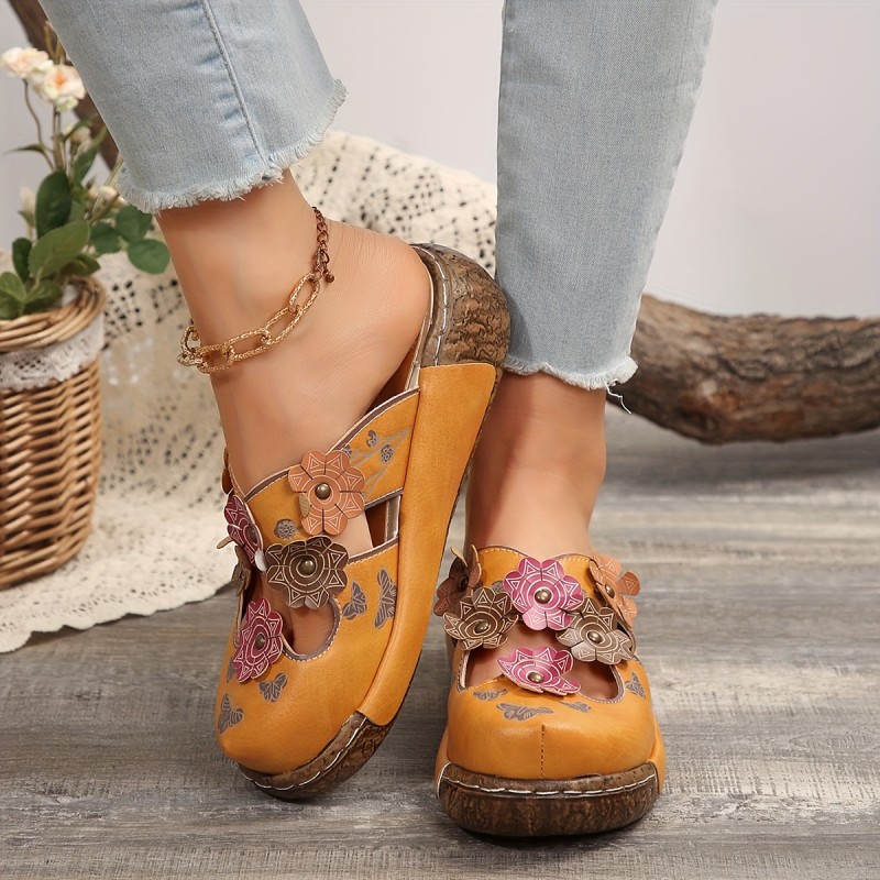 Women's Wedge Mule Shoes, Flower Decor Cut-out Floral Print Slide Sandals, Tribal Style Slip On Shoes Koningsdag\u002FKing's Day