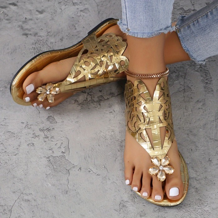 Women's Bohemian Rhinestone Decor Slides Sandals, Fashion Metallic Clip Toe Summer Shoes, Lightweight Beach Shoes