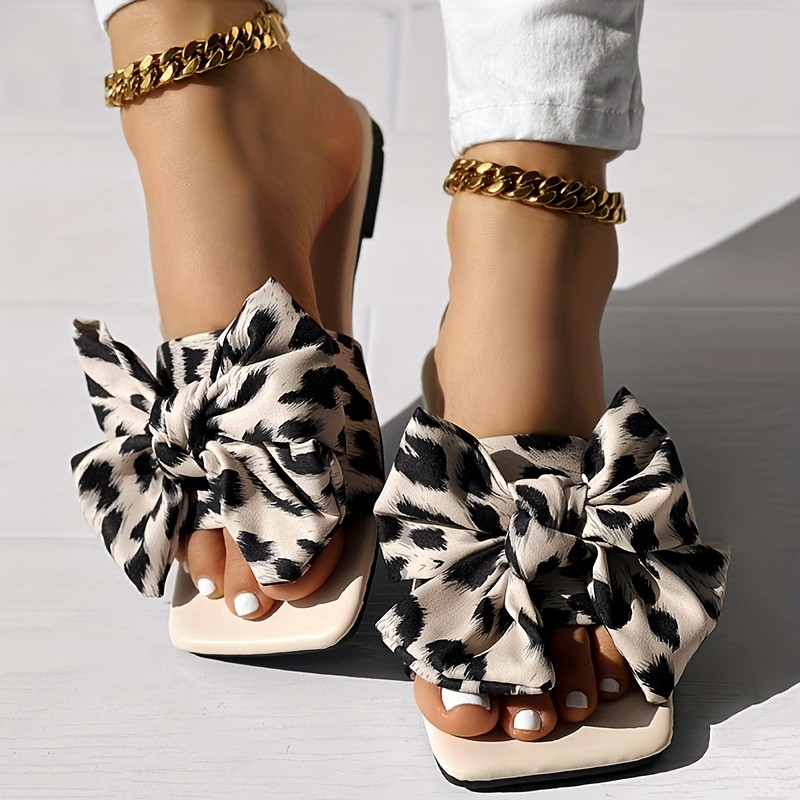 Women's Leopard Print Bowknot Slides, Fashion Square Open Toe Slip On Flat Shoes, Casual Slide Sandals