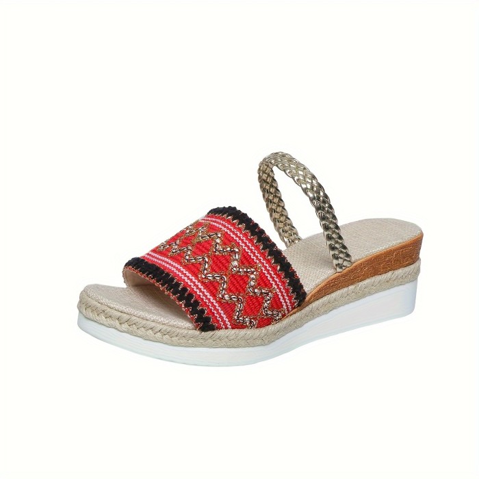 Women's Wedge Slide Sandals, Boho Style Braided Detail Peep Toe Slip On Shoes, Casual Summer Vacation Outdoor Slide Shoes