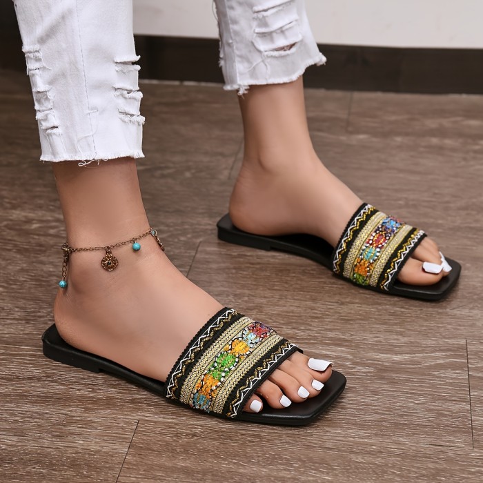 Women's Colorful Woven Flat Slides, Boho Style Single Band Square Open Toe Shoes, Comfy Summer Beach Slides