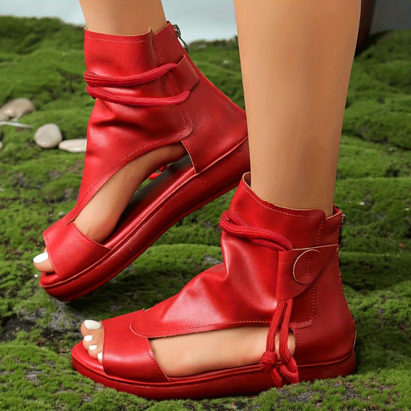 Women's Solid Color Stylish Sandals, Back Zipper Platform Soft Sole Side Cut Out Shoes, Low Wedge High-top Shoes