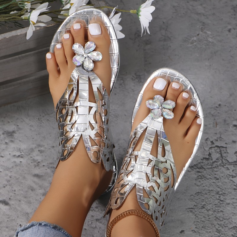 Women's Bohemian Rhinestone Decor Slides Sandals, Fashion Metallic Clip Toe Summer Shoes, Lightweight Beach Shoes