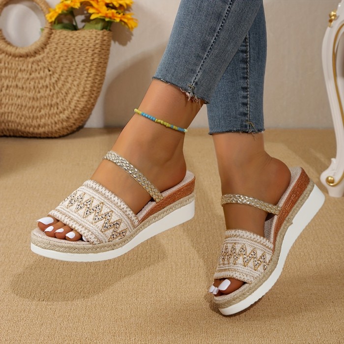 Women's Wedge Slide Sandals, Boho Style Braided Detail Peep Toe Slip On Shoes, Casual Summer Vacation Outdoor Slide Shoes