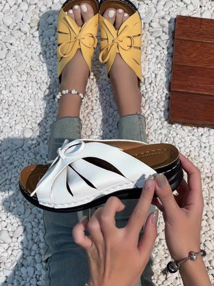 Women's Solid Color Platform Sandals, Lace Up Trendy Soft Sole Slides, Versatile Summer Wedge Slides Shoes