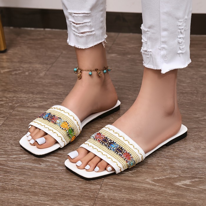 Women's Colorful Woven Flat Slides, Boho Style Single Band Square Open Toe Shoes, Comfy Summer Beach Slides