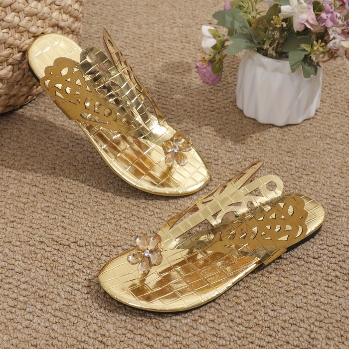 Women's Bohemian Rhinestone Decor Slides Sandals, Fashion Metallic Clip Toe Summer Shoes, Lightweight Beach Shoes