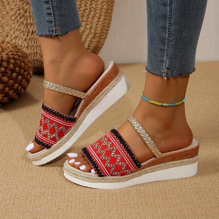 Women's Wedge Slide Sandals, Boho Style Braided Detail Peep Toe Slip On Shoes, Casual Summer Vacation Outdoor Slide Shoes