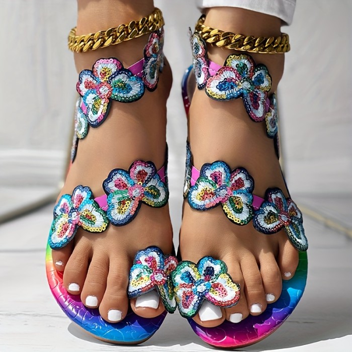 Women's Flowers Flat Sandals, Fashion Toe Loop Faux Pearl Slip On Shoes, Casual Beach Travel Sandals