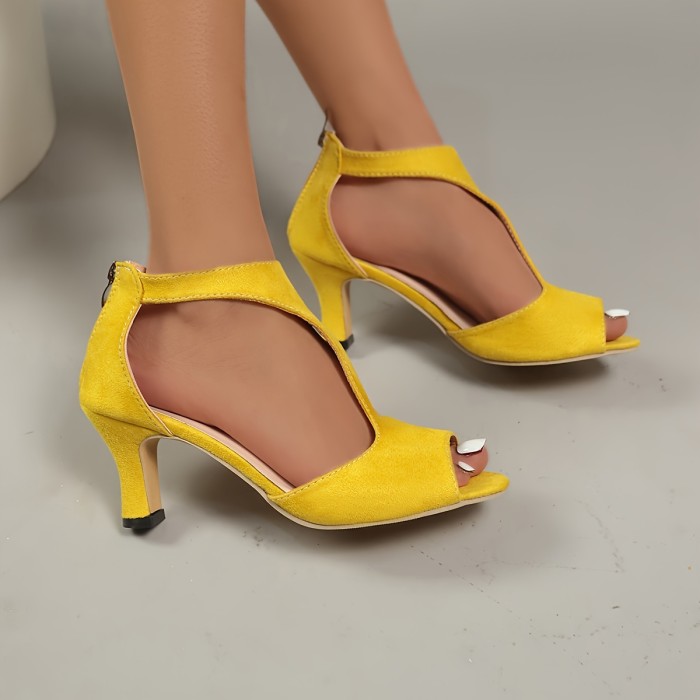 Women's Solid Color Stylish Sandals, Back Zipper Hollow Out Chunky Heel Shoes, Summer Peep Toe Casual Shoes