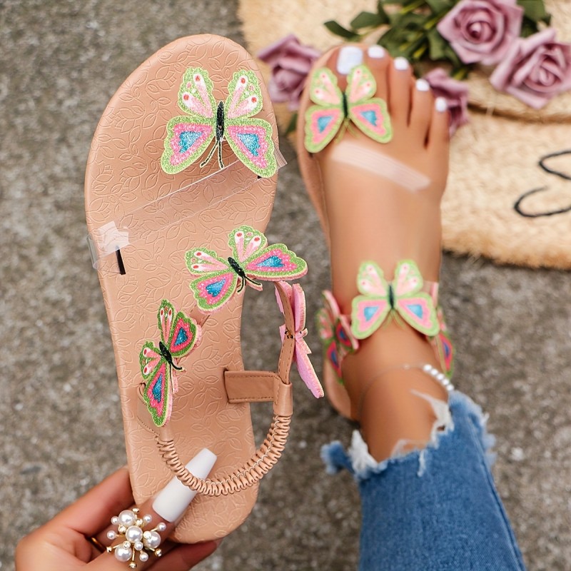 Women's Butterfly Decor Sandals, Slip On Lightweight Boho Beach Shoes, Toe Loop Vacation Shoes