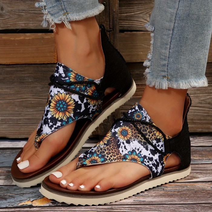 Women's Sunflower Printed Flat Sandals, Open Toe Back Zipper Thong Canvas Shoes, Casual Anti-skid Sandals