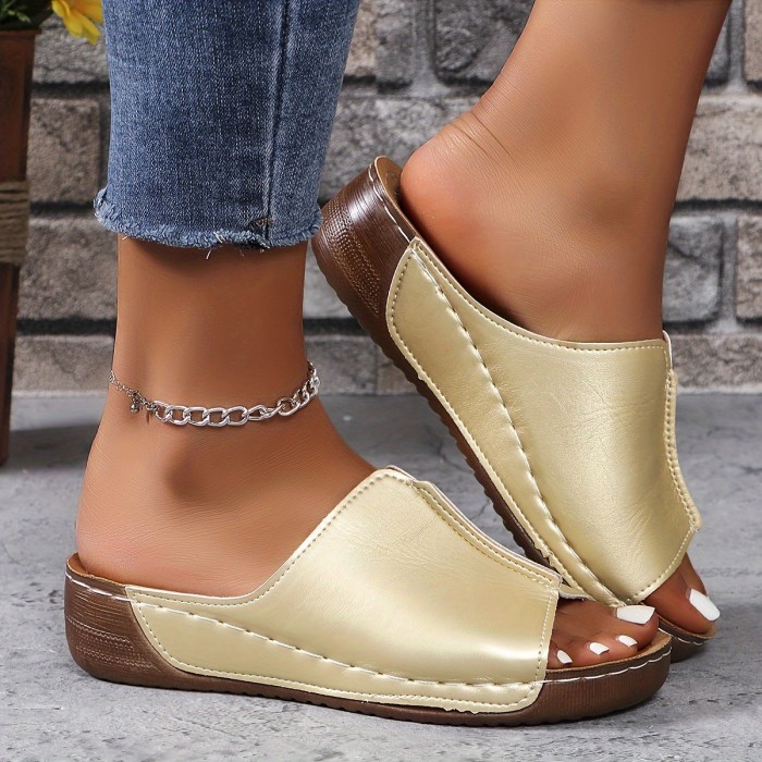 Women's Solid Color Stylish Sandals, Platform Slip On Soft Sole Summer Walking Shoes, Low Wedge Comfort Shoes