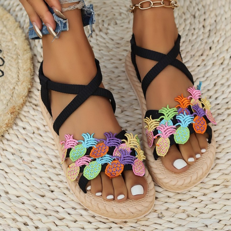 Women's Pineapple Decoration Flat Sandals, Casual Crisscross Strap Summer Beach Shoes, Bohemian Elastic Band Vacation Shoes